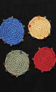 Drink Coasters Set 4 with Beads Multicolor Crocheted Handmade Boho Round Shape